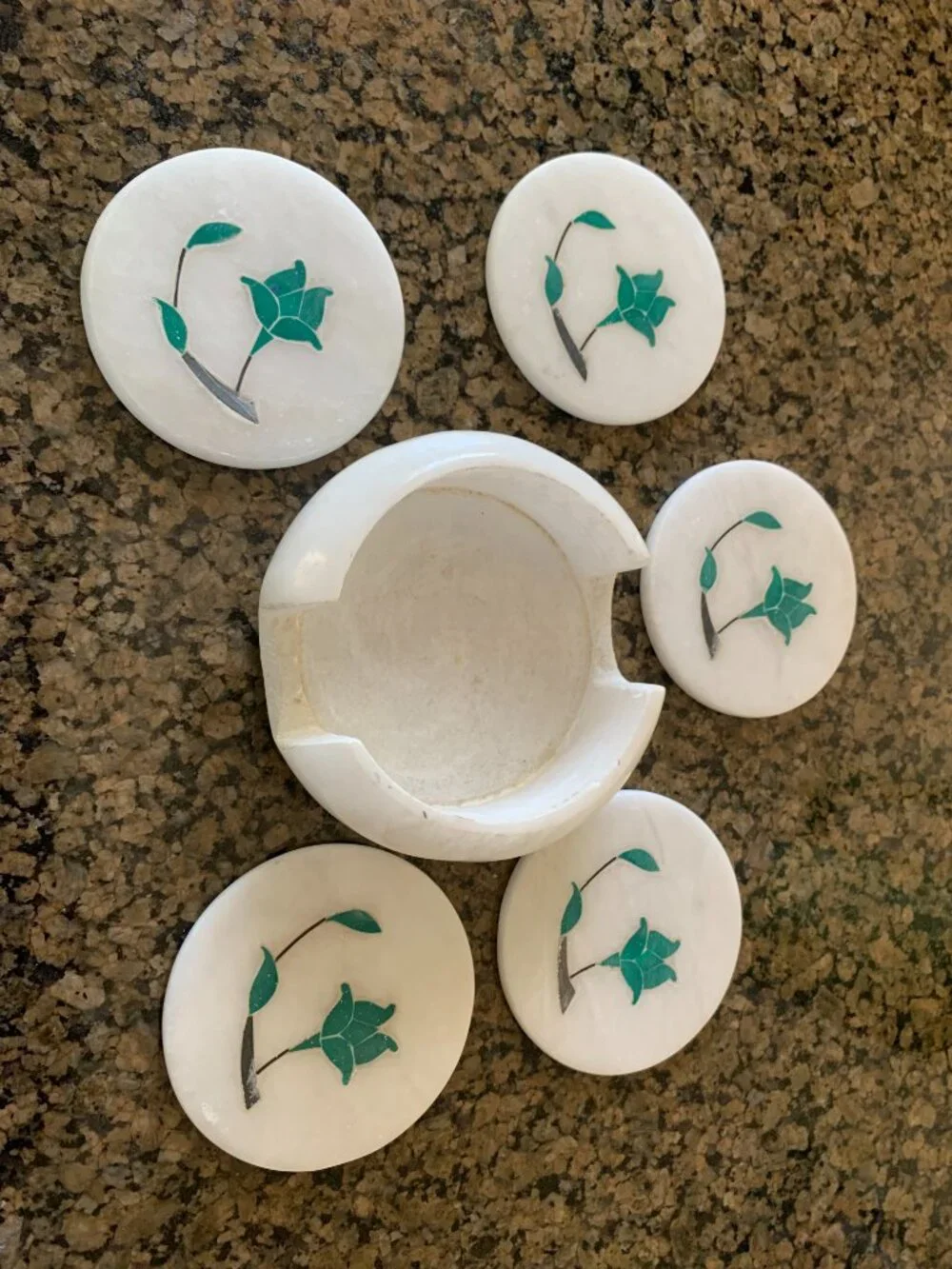 5 Coaster, 6 Piece Marble Coaster Set With Gemstone Inlay from Sri Lanka